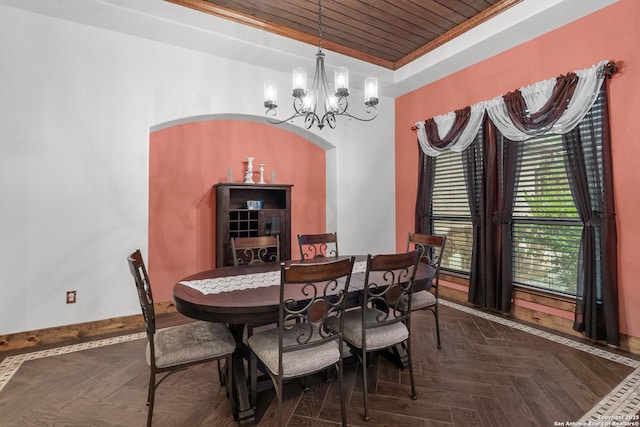 151 Native Pecan, Canyon Lake, TX 78133 - dining area featuring wooden ceiling, arched walkways, a chandelier, baseboards, and a raised ceiling