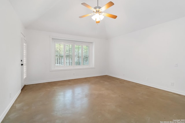 942 Lightstone, San Antonio, TX 78258 - unfurnished room featuring vaulted ceiling, baseboards, finished concrete flooring, and a ceiling fan