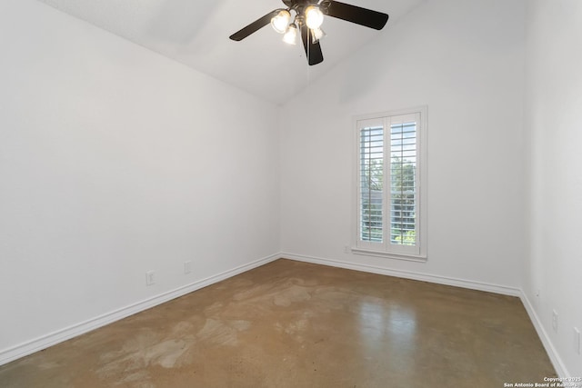 942 Lightstone, San Antonio, TX 78258 - unfurnished room with concrete flooring, ceiling fan, baseboards, and high vaulted ceiling