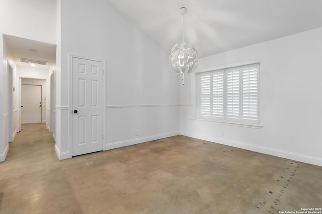 942 Lightstone, San Antonio, TX 78258 - unfurnished room with finished concrete flooring, a chandelier, baseboards, and vaulted ceiling