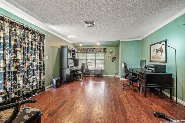 11 El Norte Cir, Uvalde, TX 78801 - office area featuring wood finished floors, crown molding, a textured ceiling, and baseboards