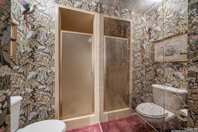 11 El Norte Cir, Uvalde, TX 78801 - full bath with toilet, tile patterned flooring, a stall shower, and wallpapered walls