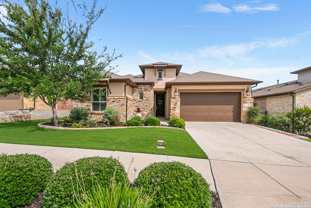140 Cinnamon Crk, Boerne, TX 78006 - prairie-style house featuring stucco siding, a garage, stone siding, and a front lawn