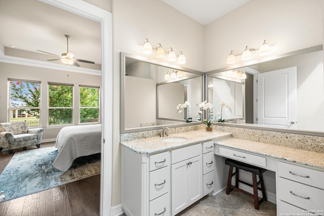 140 Cinnamon Crk, Boerne, TX 78006 - full bath with vanity, a ceiling fan, ensuite bath, and ornamental molding
