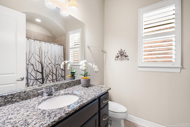 140 Cinnamon Crk, Boerne, TX 78006 - full bath featuring vanity, toilet, tile patterned floors, baseboards, and a shower with curtain