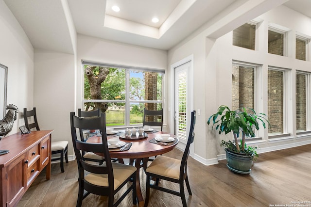 140 Cinnamon Crk, Boerne, TX 78006 - dining area featuring wood finished floors, baseboards, a tray ceiling, and recessed lighting
