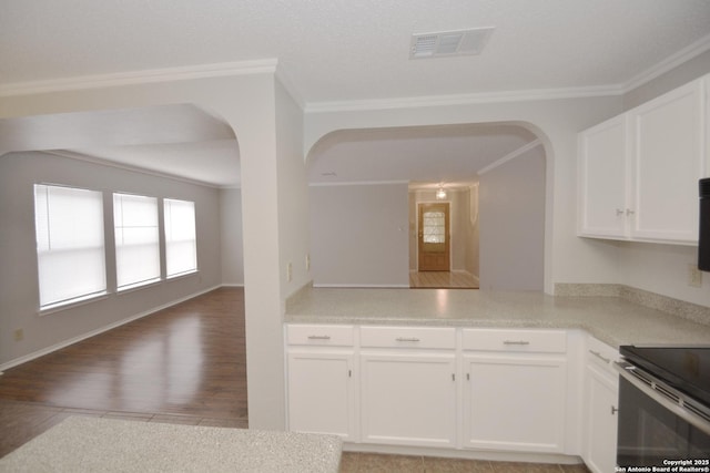 426 Twin Point Crk, Schertz, TX 78154 - kitchen with arched walkways, crown molding, white cabinets, open floor plan, and light countertops