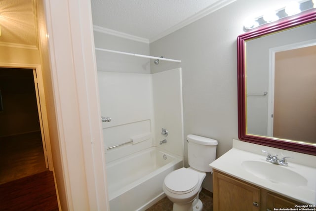 426 Twin Point Crk, Schertz, TX 78154 - full bathroom with ornamental molding, toilet, vanity,  shower combination, and a textured ceiling