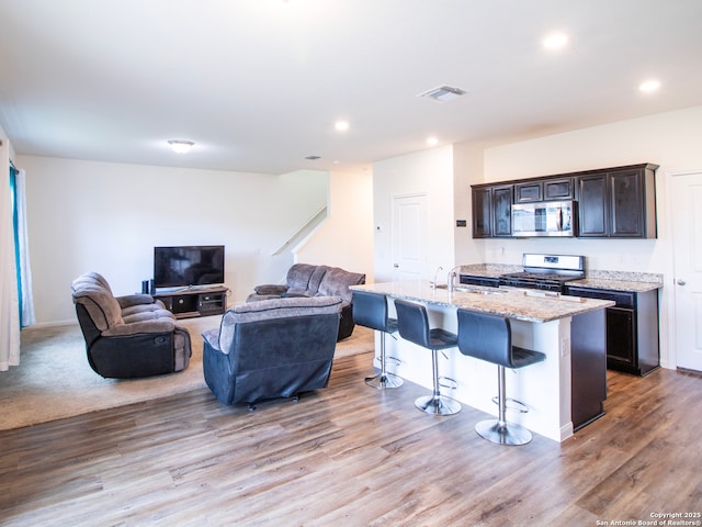 13514 Flower Pond, Saint Hedwig, TX 78152 - kitchen with appliances with stainless steel finishes, a breakfast bar area, light wood finished floors, light stone countertops, and open floor plan