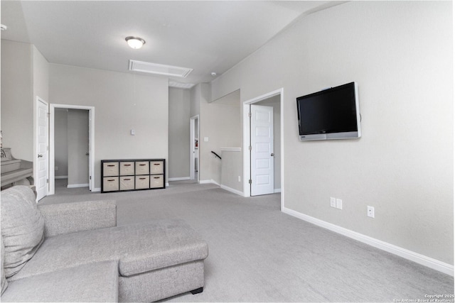 2331 Greystone Lndg, San Antonio, TX 78259 - living area featuring attic access, carpet floors, baseboards, and vaulted ceiling
