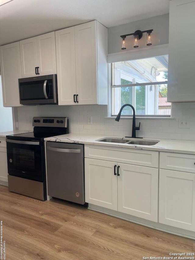 3002 Wroxton, San Antonio, TX 78217 - kitchen with appliances with stainless steel finishes, a sink, white cabinets, and light countertops