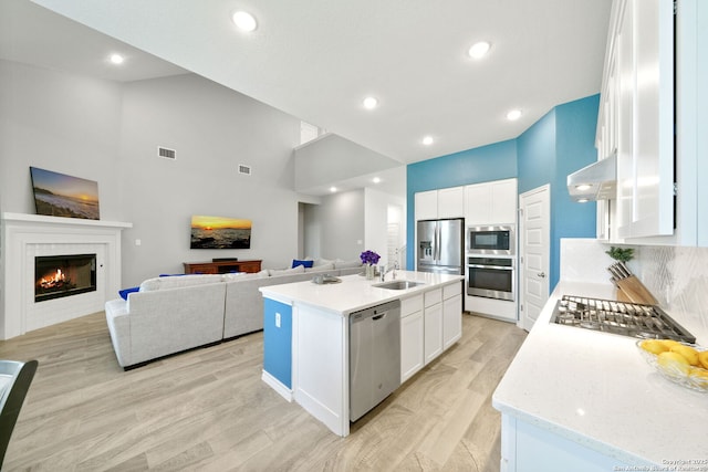 1524 Leeds Park, Bulverde, TX 78163 - kitchen featuring stainless steel appliances, open floor plan, ventilation hood, a sink, and high vaulted ceiling