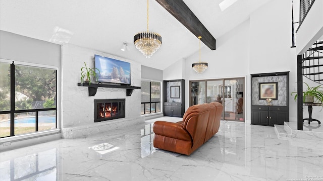 1818 Moreshead, San Antonio, TX 78231 - living area with marble tiled flooring, healthy amount of natural light, a chandelier, a fireplace, and beamed ceiling
