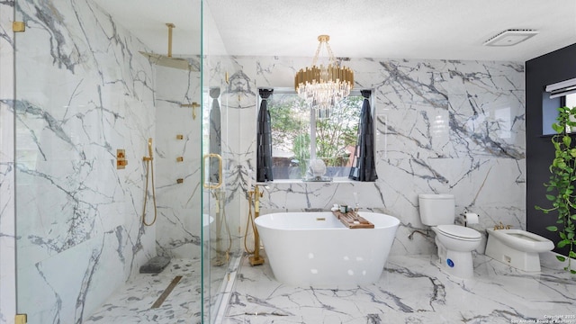 1818 Moreshead, San Antonio, TX 78231 - full bathroom with a marble finish shower, marble tiled flooring, a soaking tub, toilet, and a bidet