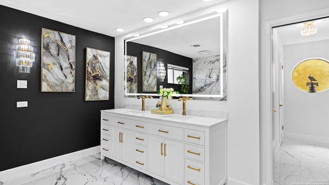 1818 Moreshead, San Antonio, TX 78231 - full bathroom with marble finish flooring, baseboards, double vanity, and recessed lighting