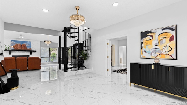 1818 Moreshead, San Antonio, TX 78231 - dining room featuring recessed lighting, a chandelier, baseboards, stairs, and light marble finish floors