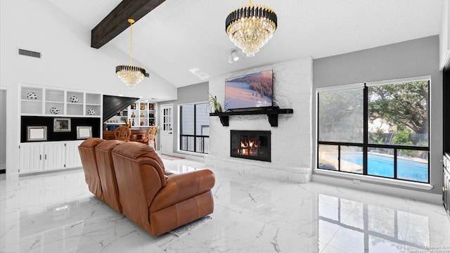 1818 Moreshead, San Antonio, TX 78231 - living room with a chandelier, marble tiled floors, beam ceiling, a large fireplace, and high vaulted ceiling