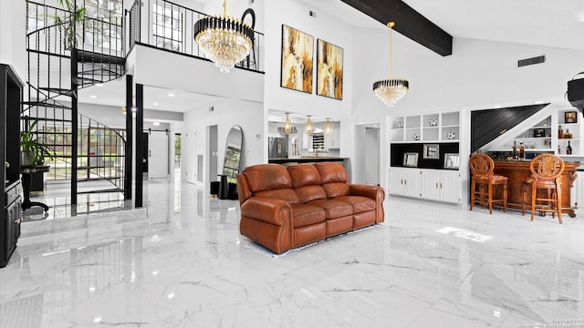 1818 Moreshead, San Antonio, TX 78231 - living area with high vaulted ceiling, a chandelier, a dry bar, marble tiled flooring, and beamed ceiling