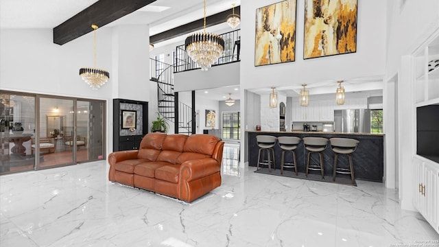 1818 Moreshead, San Antonio, TX 78231 - living area featuring a chandelier, marble tiled floors, a towering ceiling, beamed ceiling, and stairway