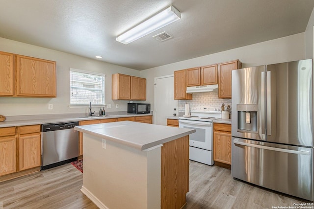 609 San Augustine, New Braunfels, TX 78132 - kitchen with appliances with stainless steel finishes, under cabinet range hood, light wood finished floors, and a sink