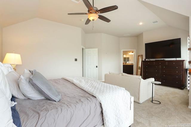1818 Palmer Vw, San Antonio, TX 78260 - bedroom with lofted ceiling, light carpet, a ceiling fan, ensuite bath, and recessed lighting
