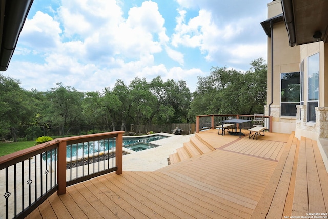 1818 Palmer Vw, San Antonio, TX 78260 - wooden deck featuring outdoor dining area, view of scattered trees, and an in-ground hot tub