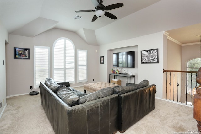 1818 Palmer Vw, San Antonio, TX 78260 - living area with light colored carpet, ceiling fan, baseboards, and vaulted ceiling