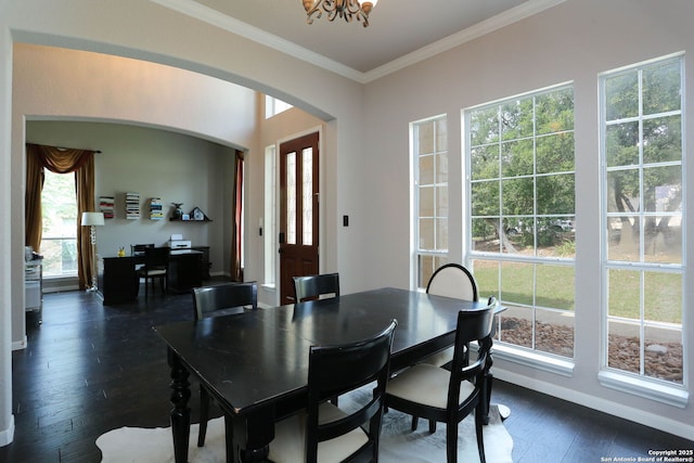 1818 Palmer Vw, San Antonio, TX 78260 - dining room featuring crown molding, arched walkways, dark wood-style floors, and a chandelier