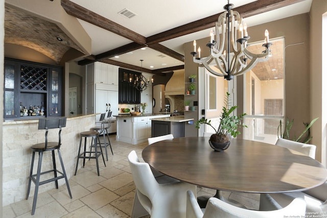 1818 Palmer Vw, San Antonio, TX 78260 - dining room featuring a chandelier, stone tile flooring, and beamed ceiling
