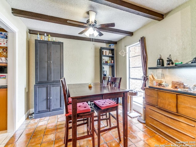 6802 S Forest Hvn, San Antonio, TX 78240 - dining area featuring a textured wall, a textured ceiling, beam ceiling, ceiling fan, and light tile patterned flooring