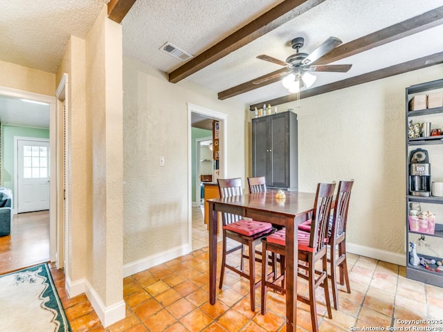6802 S Forest Hvn, San Antonio, TX 78240 - dining area featuring a textured wall, a textured ceiling, ceiling fan, light tile patterned floors, and baseboards