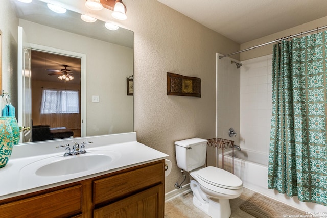 1342 Pinnacle, San Antonio, TX 78260 - full bath with a textured wall, shower / bath combo with shower curtain, vanity, toilet, and ceiling fan