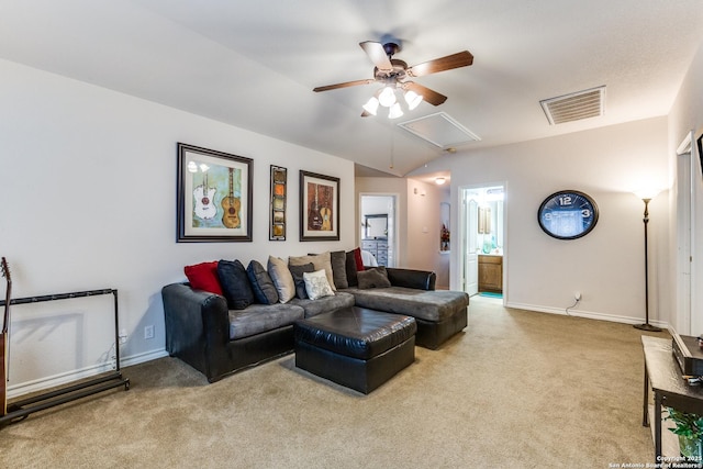 1342 Pinnacle, San Antonio, TX 78260 - carpeted living area with attic access, ceiling fan, baseboards, and vaulted ceiling