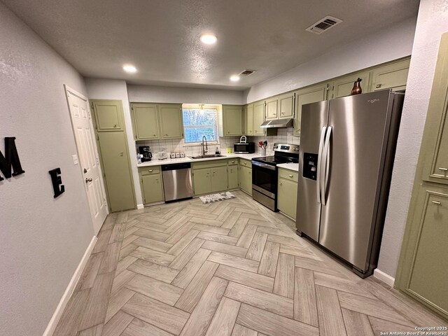 6422 Balky St, San Antonio, TX 78240 - kitchen with green cabinets, appliances with stainless steel finishes, a sink, under cabinet range hood, and baseboards