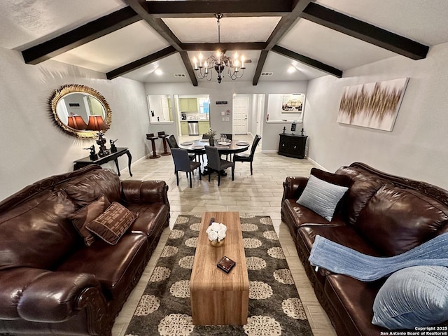 6422 Balky St, San Antonio, TX 78240 - living area featuring a chandelier, beam ceiling, wood finished floors, and baseboards