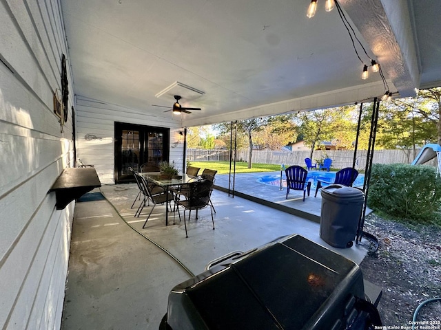 6422 Balky St, San Antonio, TX 78240 - fenced backyard featuring a ceiling fan, outdoor dining area, and a patio area