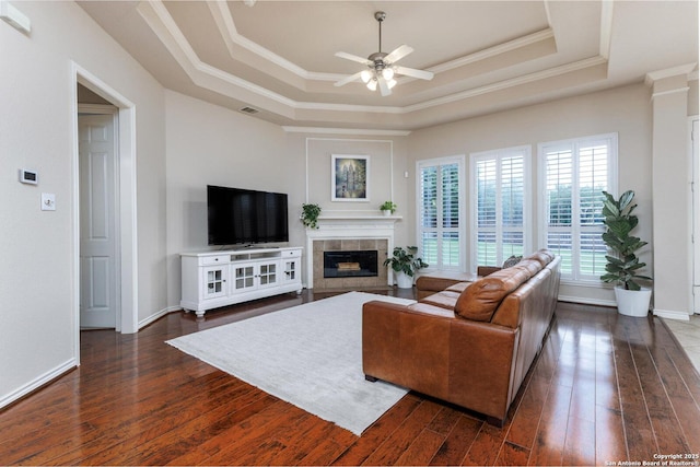21910 Barton Woods, San Antonio, TX 78259 - living area with a raised ceiling, ceiling fan, dark wood-style flooring, a premium fireplace, and crown molding