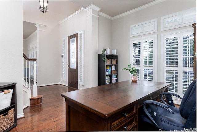 21910 Barton Woods, San Antonio, TX 78259 - office area with ornamental molding, dark wood finished floors, and baseboards
