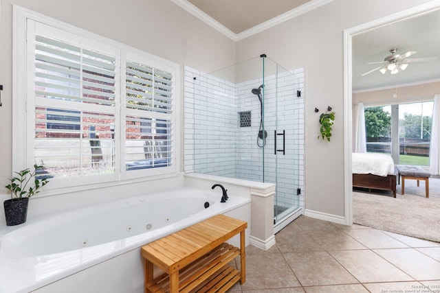 21910 Barton Woods, San Antonio, TX 78259 - ensuite bathroom with a shower stall, crown molding, a jetted tub, tile patterned flooring, and ceiling fan