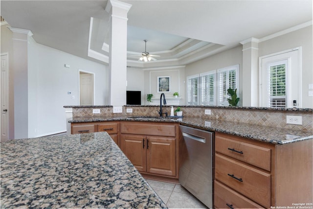 21910 Barton Woods, San Antonio, TX 78259 - kitchen featuring stainless steel dishwasher, a sink, backsplash, ornamental molding, and ceiling fan