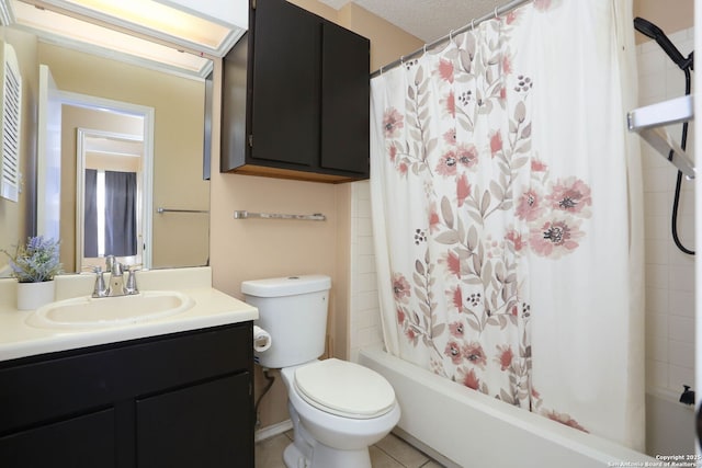 9357 Dover, San Antonio, TX 78250 - full bath featuring vanity, toilet, shower / bath combination with curtain, and tile patterned floors