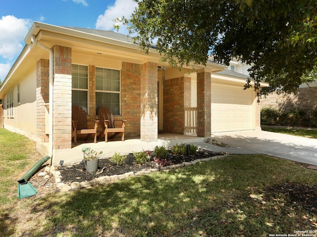 10831 Colt Chase, San Antonio, TX 78254 - single story home featuring covered porch, brick siding, an attached garage, driveway, and a front lawn