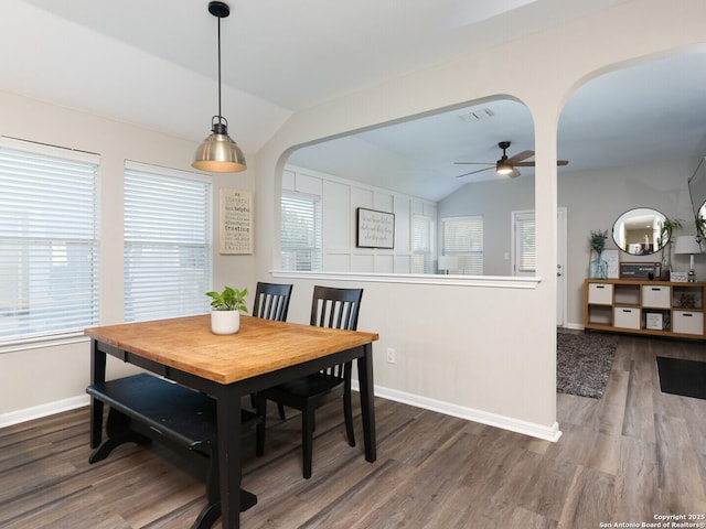 10831 Colt Chase, San Antonio, TX 78254 - dining space featuring vaulted ceiling, arched walkways, wood finished floors, a ceiling fan, and baseboards