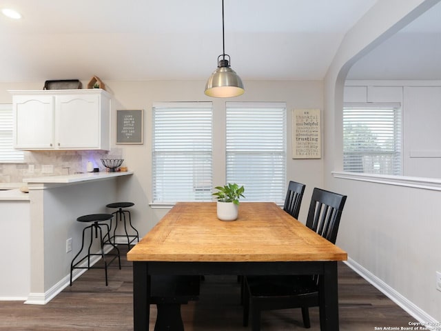 10831 Colt Chase, San Antonio, TX 78254 - dining area with dark wood-style flooring, baseboards, and arched walkways