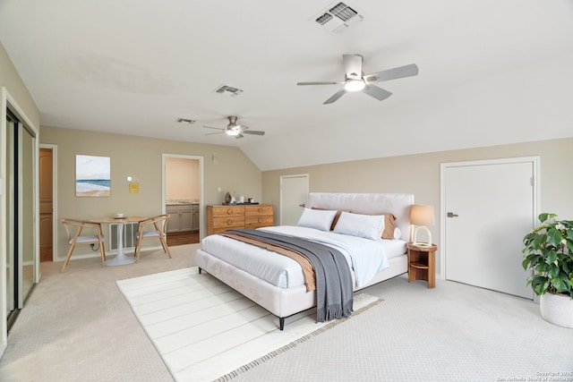 21641 Forest Waters, Garden Ridge, TX 78266 - bedroom with light carpet, lofted ceiling, and ceiling fan