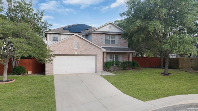 11502 Windwalk, San Antonio, TX 78253 - traditional home with brick siding, driveway, solar panels, an attached garage, and roof with shingles