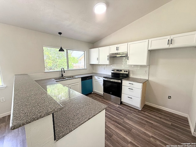 14663 Hillside Rdg, San Antonio, TX 78233 - kitchen with stainless steel electric range oven, a sink, dishwasher, under cabinet range hood, and tasteful backsplash