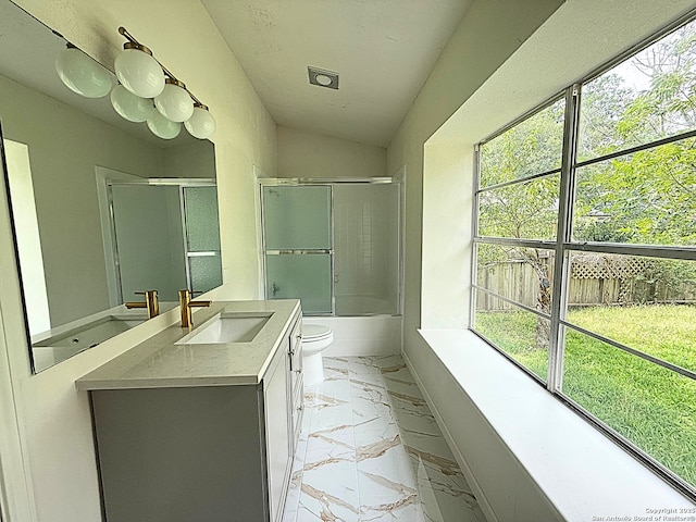 14663 Hillside Rdg, San Antonio, TX 78233 - full bath featuring toilet, vanity, marble finish floors, shower / bath combination with glass door, and lofted ceiling