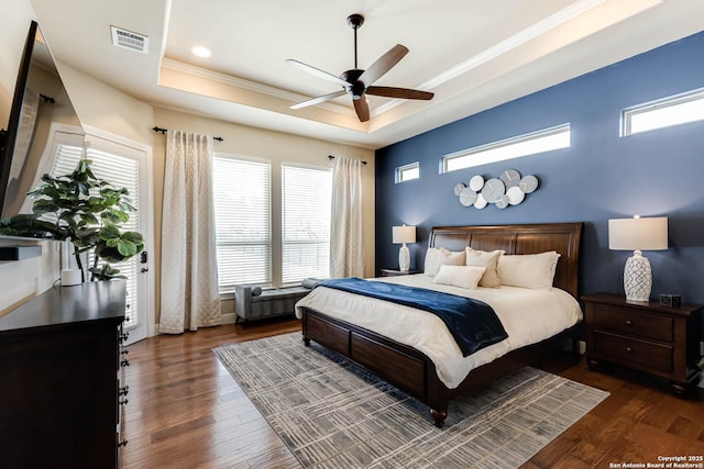 311 Wentworth, Spring Branch, TX 78070 - bedroom featuring crown molding, a tray ceiling, wood finished floors, ceiling fan, and recessed lighting
