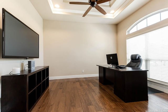 311 Wentworth, Spring Branch, TX 78070 - office area featuring dark wood finished floors, ornamental molding, a ceiling fan, a raised ceiling, and baseboards